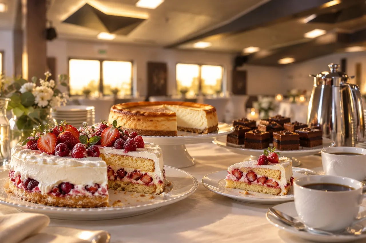 Kaffee-und-Kuchen-Buffet mit Erdbeer-Sahnetorte, Käsekuchen, Schokoschnitten, Kaffeekanne und Tassen, dahinter die Halle im Abendlicht