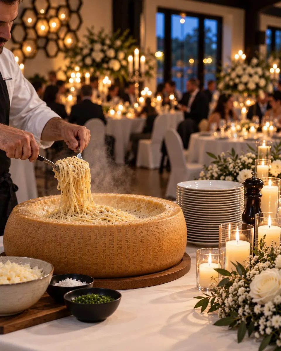 Koch hebt Pasta aus einem ausgehöhlten Parmesanlaib, dahinter festlich gedeckte Tische mit Kerzen und weißen Blumen