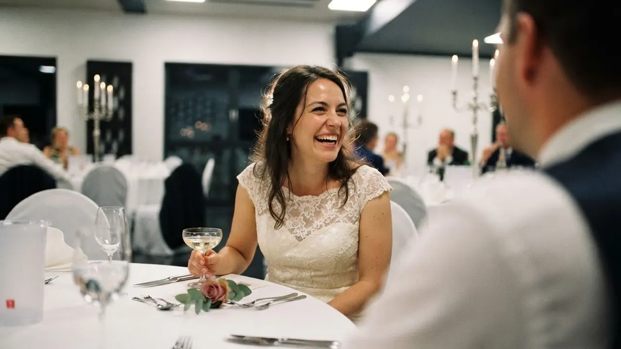 Braut in Spitzenkleid lacht an der Tafel mit einem Glas Champagner in der Hand