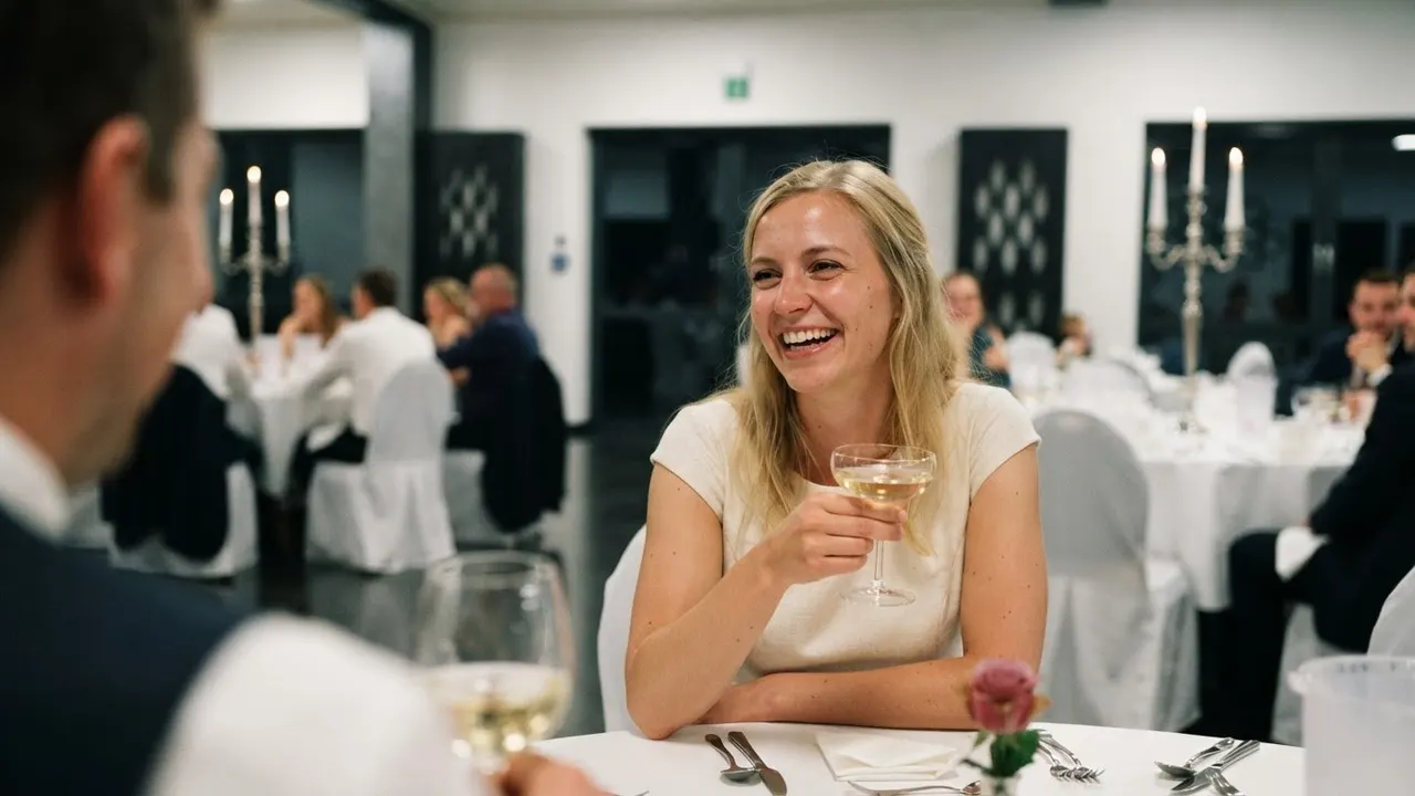 Lachende Frau mit einem Glas Champagner an der Tafel, im Hintergrund weitere Gäste und Kerzenleuchter