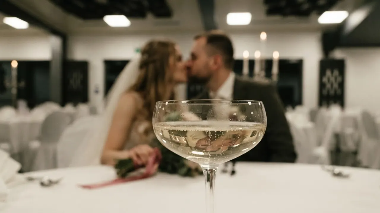 Brautpaar küsst sich hinter einem Champagnerglas in der festlich gedeckten Halle