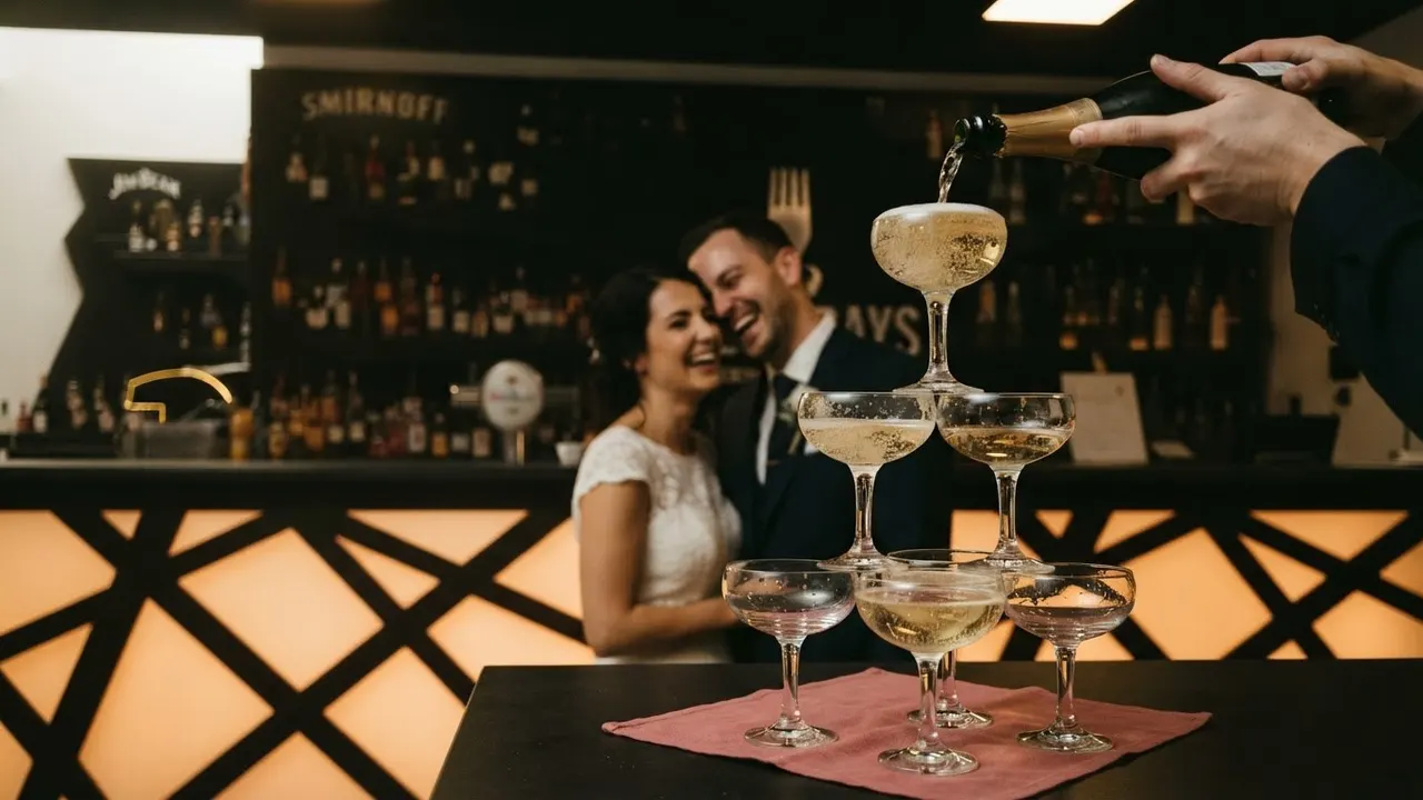 Brautpaar lehnt sich an der Bar zusammen, während Champagner in einen Turm aus Coupe-Gläsern gegossen wird