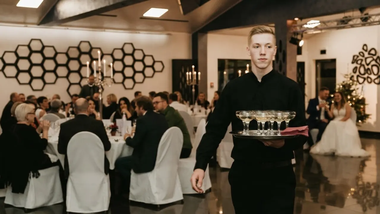 Servicekraft in Schwarz trägt ein Tablett mit Champagner-Coupes durch die Halle, Gäste an den runden Tischen