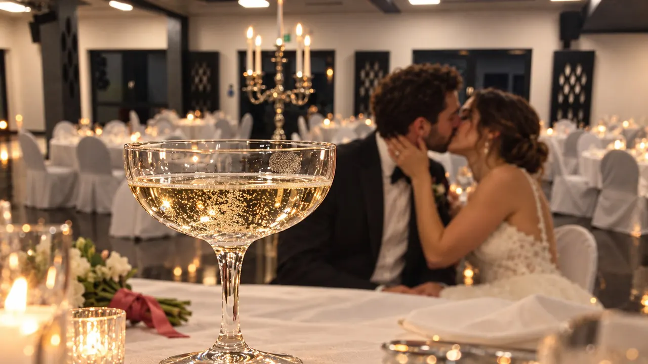 Brautpaar küsst sich im Kerzenlicht hinter einem Glas Champagner