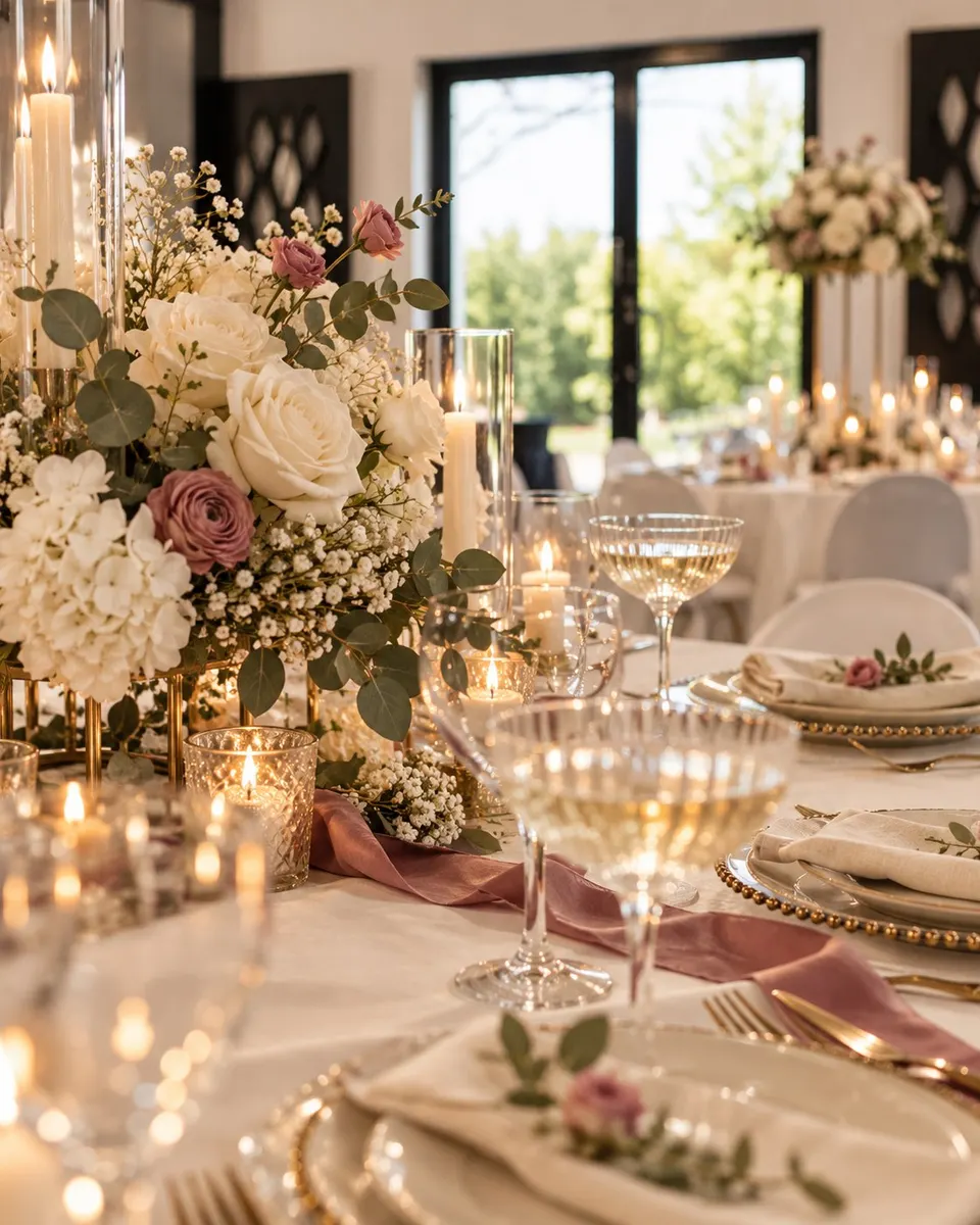 Hochzeitstisch mit üppigem Blumengesteck und Champagner-Coupes, dahinter die Fensterfront der Halle