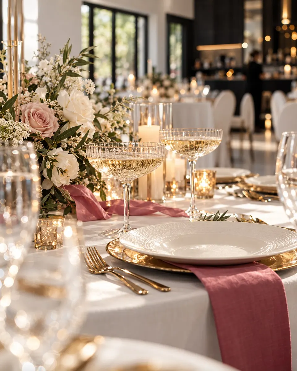 Hochzeitstisch mit Goldteller, altrosa Serviette, Champagner-Coupes und Blumen, im Hintergrund die Halle