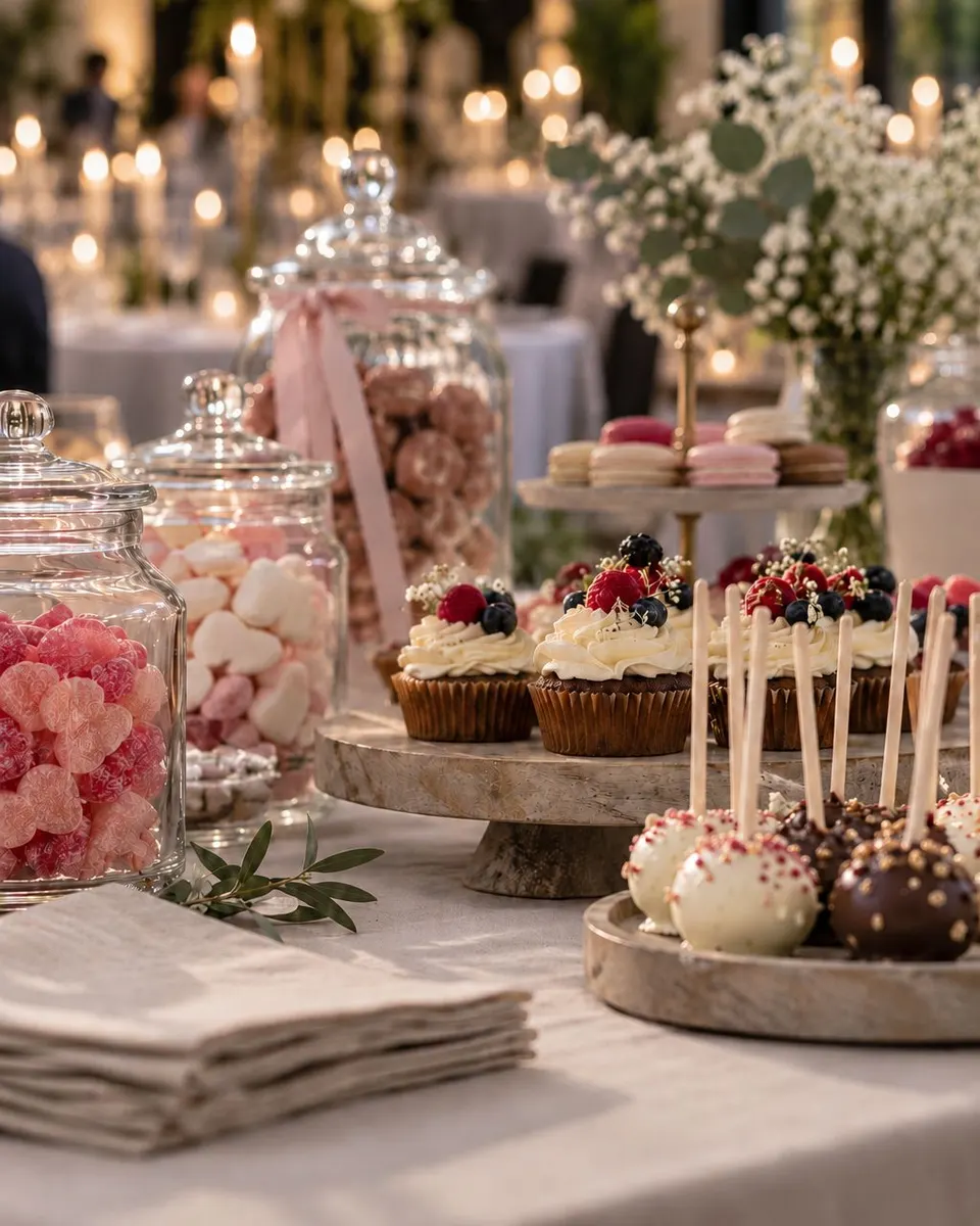 Candybar mit Bonbongläsern in Rosa, Cupcakes mit Beeren, Macarons und Cake Pops, dahinter weiße Blumen und Kerzenlicht