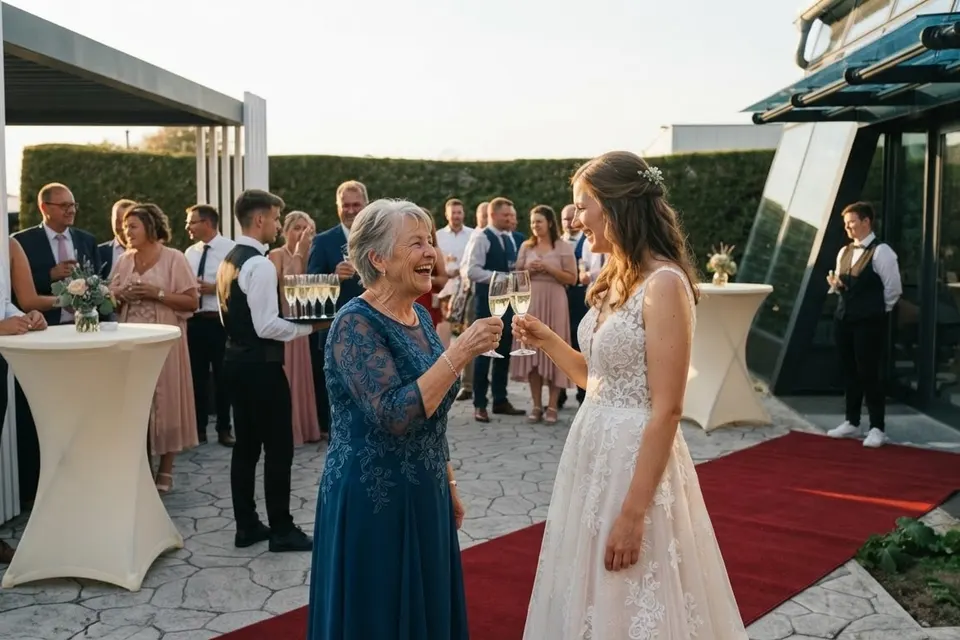 Braut und eine ältere Dame stoßen lachend mit Sekt an, auf dem roten Teppich vor der Glasfassade, dahinter Gäste mit Gläsern und ein Service mit Tablett