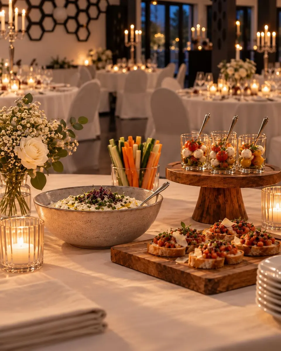 Buffet mit Bruschetta auf Holzbrett, Caprese-Gläsern, Gemüsesticks und Dip, im Hintergrund festlich gedeckte Tische im Kerzenlicht